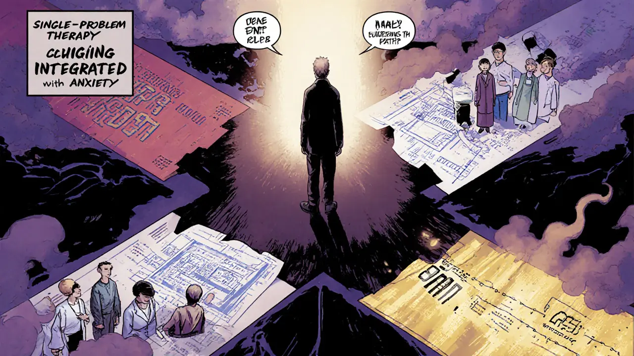 Pacient před křižovatkou s cestami k různým přístupům k léčbě, jen jedna vede kupředu.