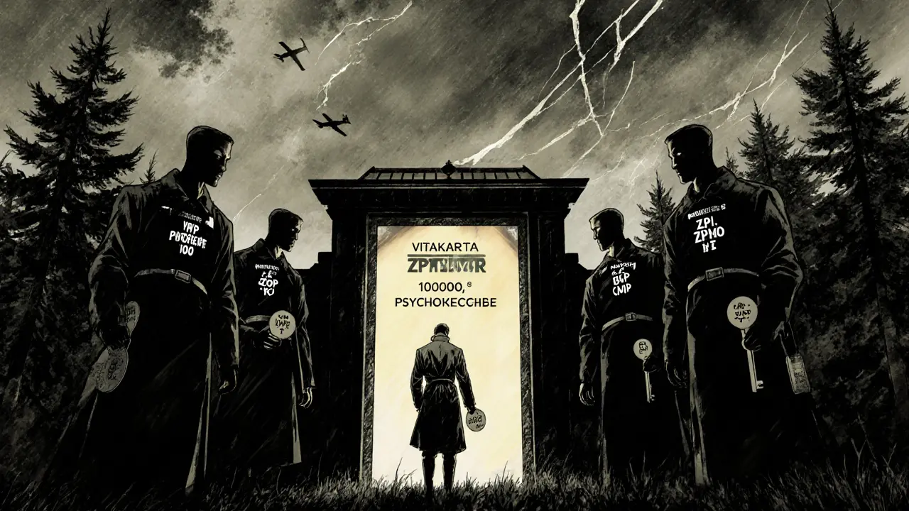 Postava v lese drží kreditní žetón, před ní zářící brána s označením 10 000 Kč psychoterapie.