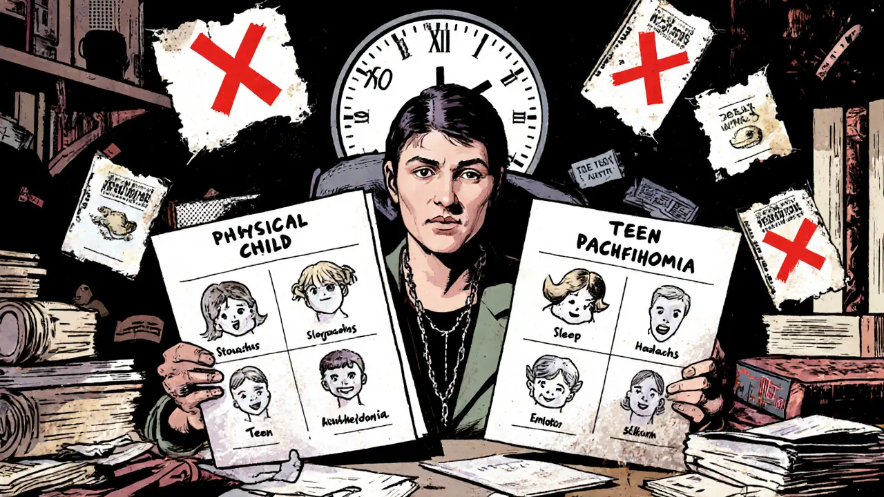 Psycholog porovnává diagnostické listy dítěte a dospívajícího v kanceláři.