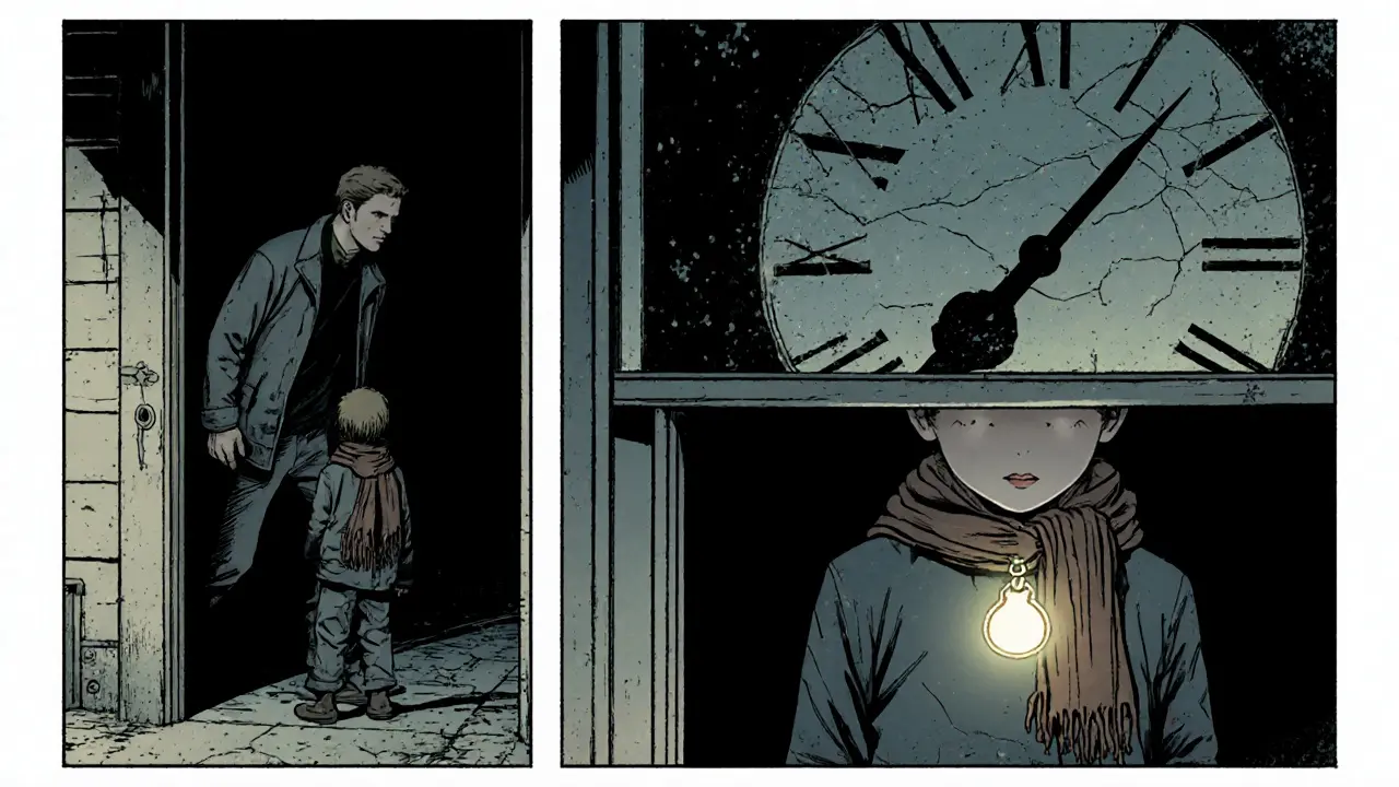 Rodič odchází z domu, dítě pozoruje z okna, na krku má kousek látky jako přechodový objekt.