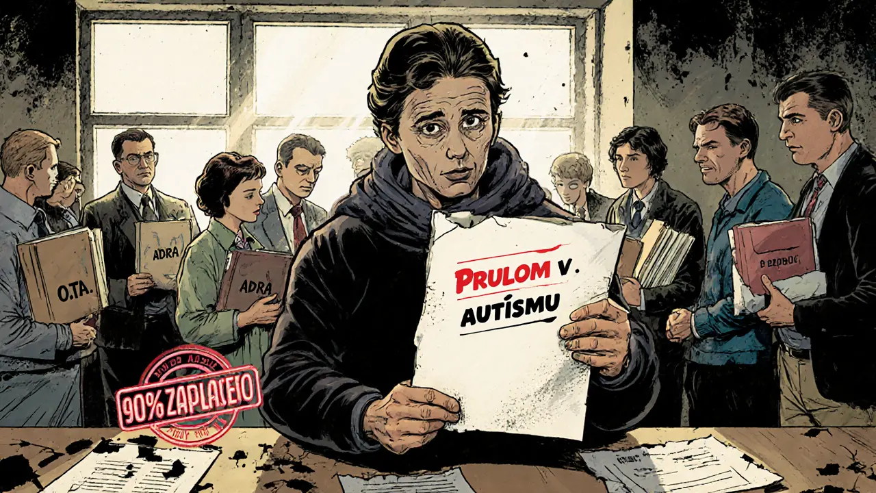 Rodič v sociální službě drží knihu o autismu, za ním další rodiče a státní známka &#039;90% zaplaceno&#039;.