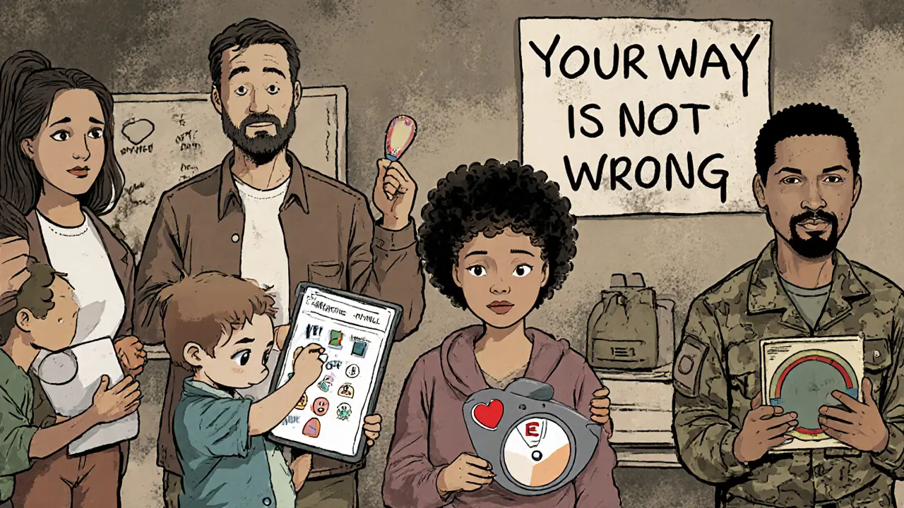 Rodina a terapeut používají vizuální nástroje během terapie pro lidi s PAS.