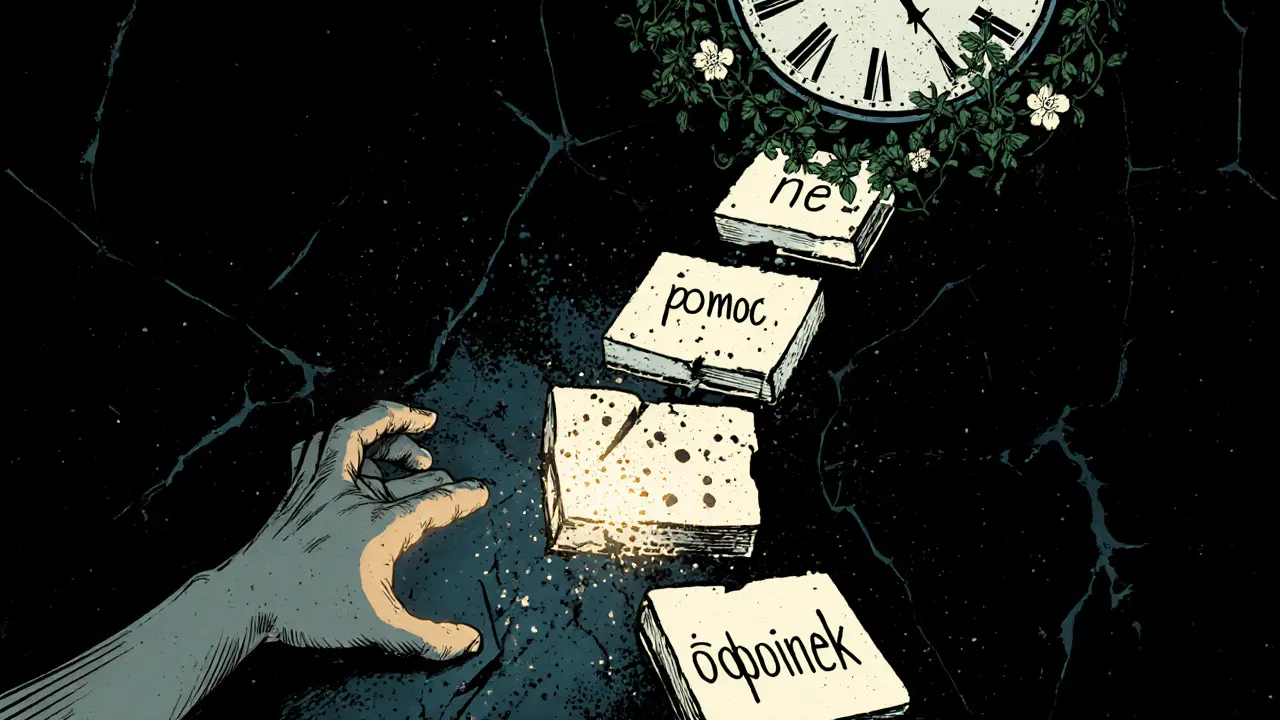 Ruce se dotýkají mezi světlými kroky, které tvoří slova &#039;ne&#039;, &#039;pomoc&#039;, &#039;odpočinek&#039;.