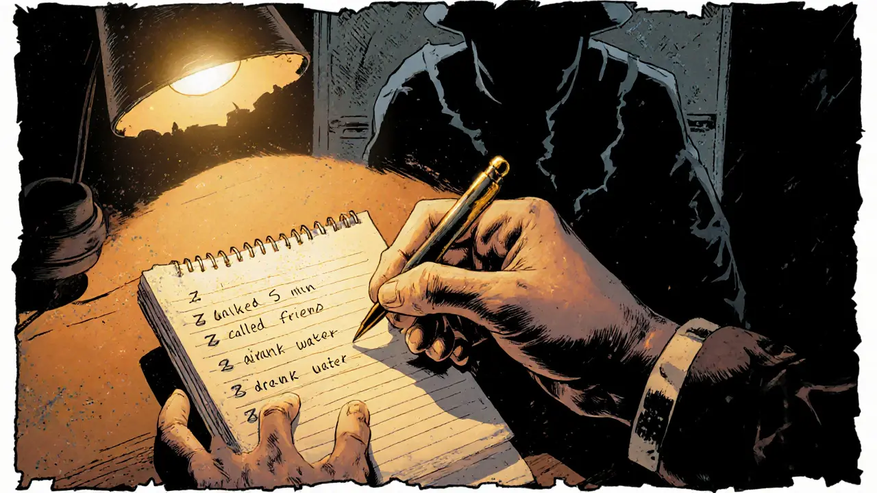 Ruka píše do deníku s malými úspěchy, které září, zatímco postava deprese za ním klesá.