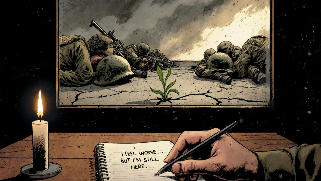 Sešit s poznámkami a první klíček zeleni mezi štěrbinami betonu.