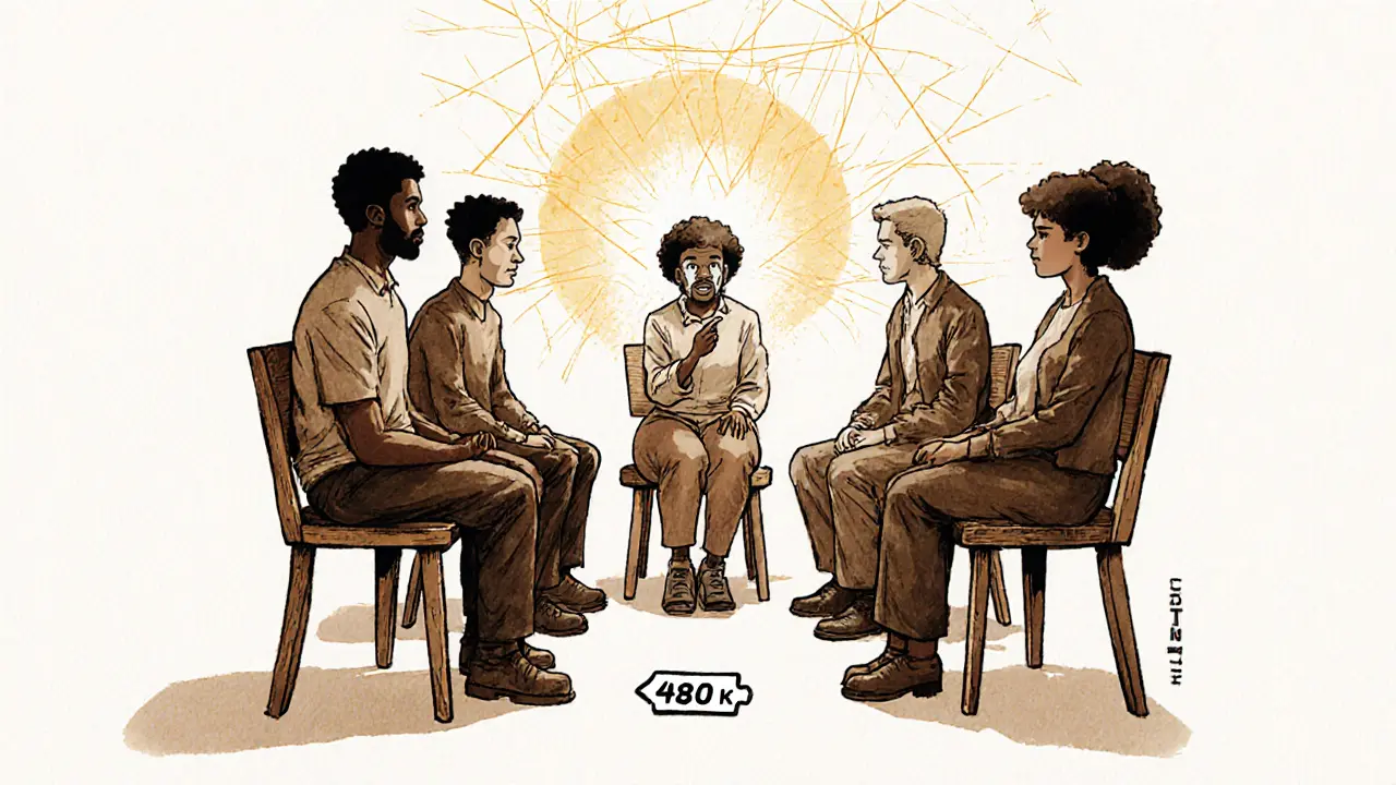 Skupina lidí v kruhu, kteří se vzájemně podporují během terapie.