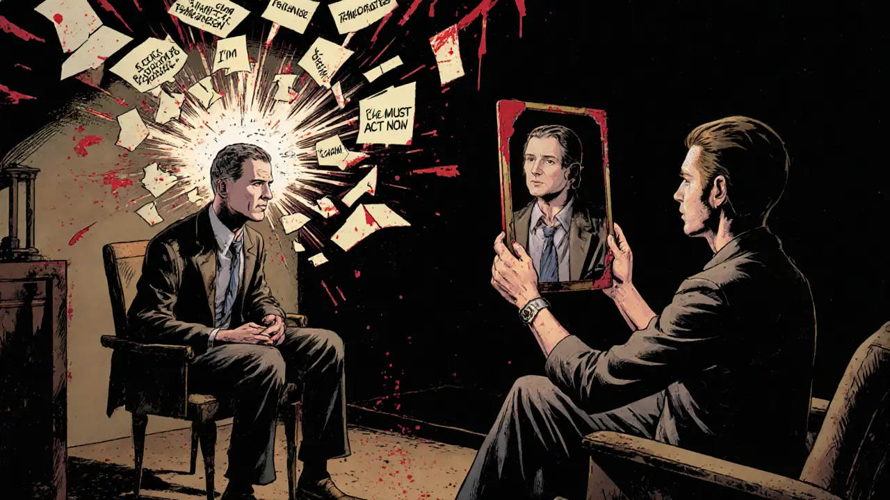 Terapeut a klient v terapii, myšlenky se rozpadají, zrcadlo ukazuje klid.