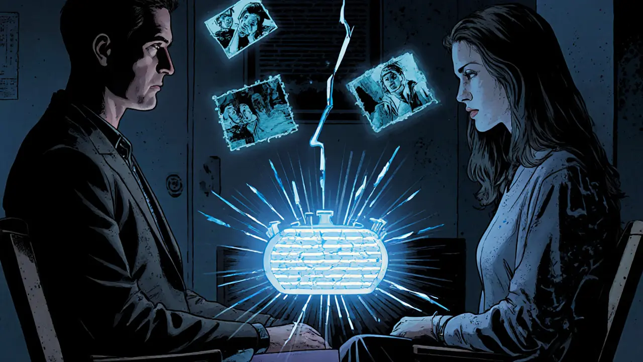 Terapeut a pacient v místnosti, kde se přes jejich hlavy pohybují duševní vzpomínky z dětství, osvětlené modrými pulsy EMDR.