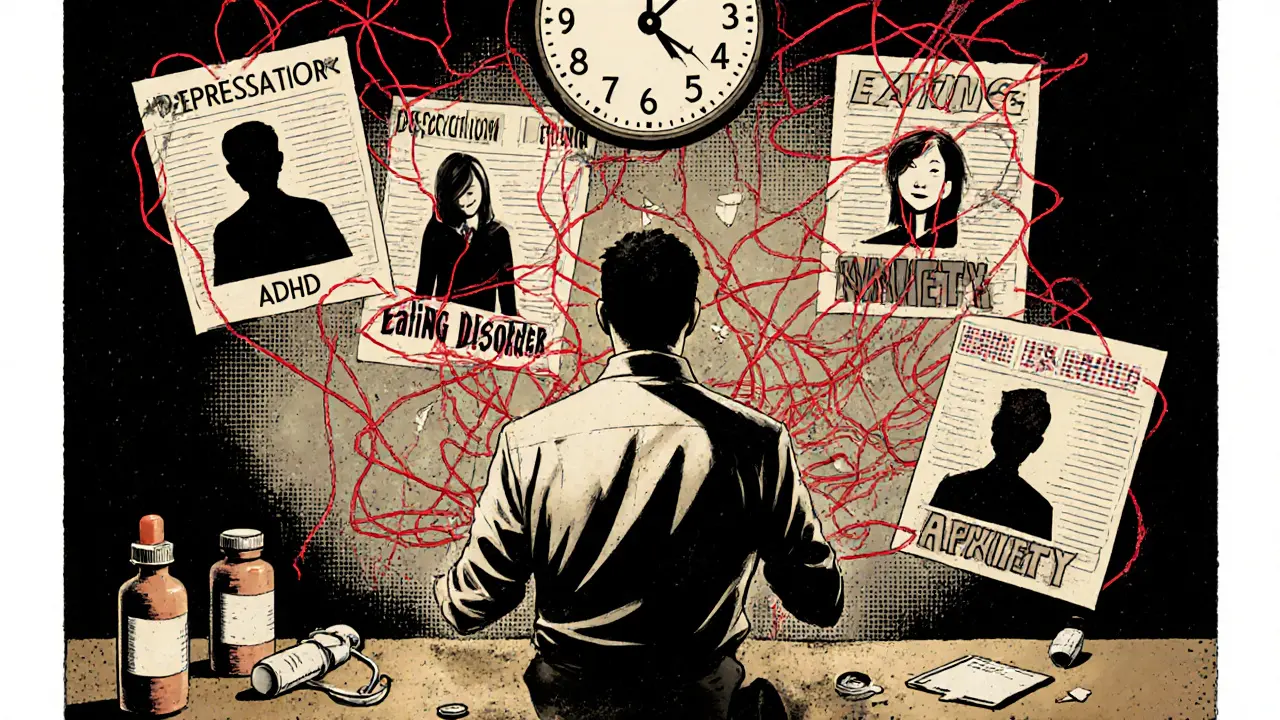 Terapeut prohlíží překrývající se lékařské dokumenty s diagnózami, které se navzájem zatěžují.