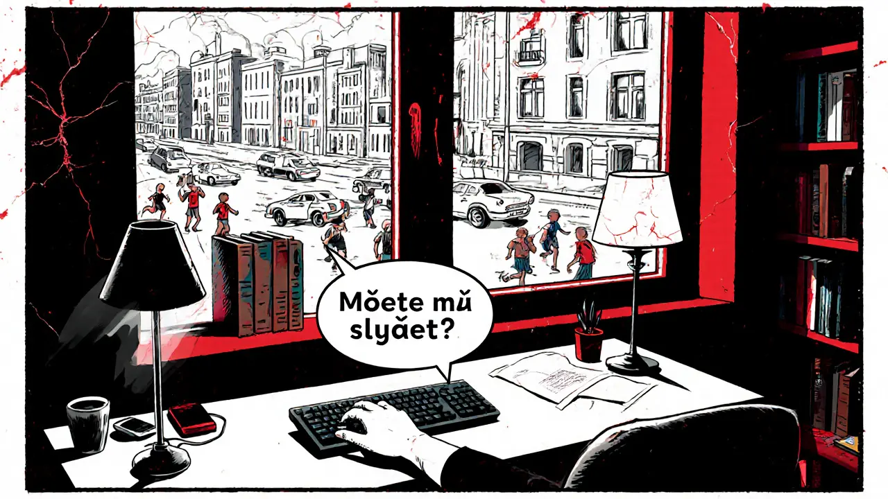 Terapeut v konzistentním prostředí, venku chaos, uvnitř klid a nápisy o důvěře.