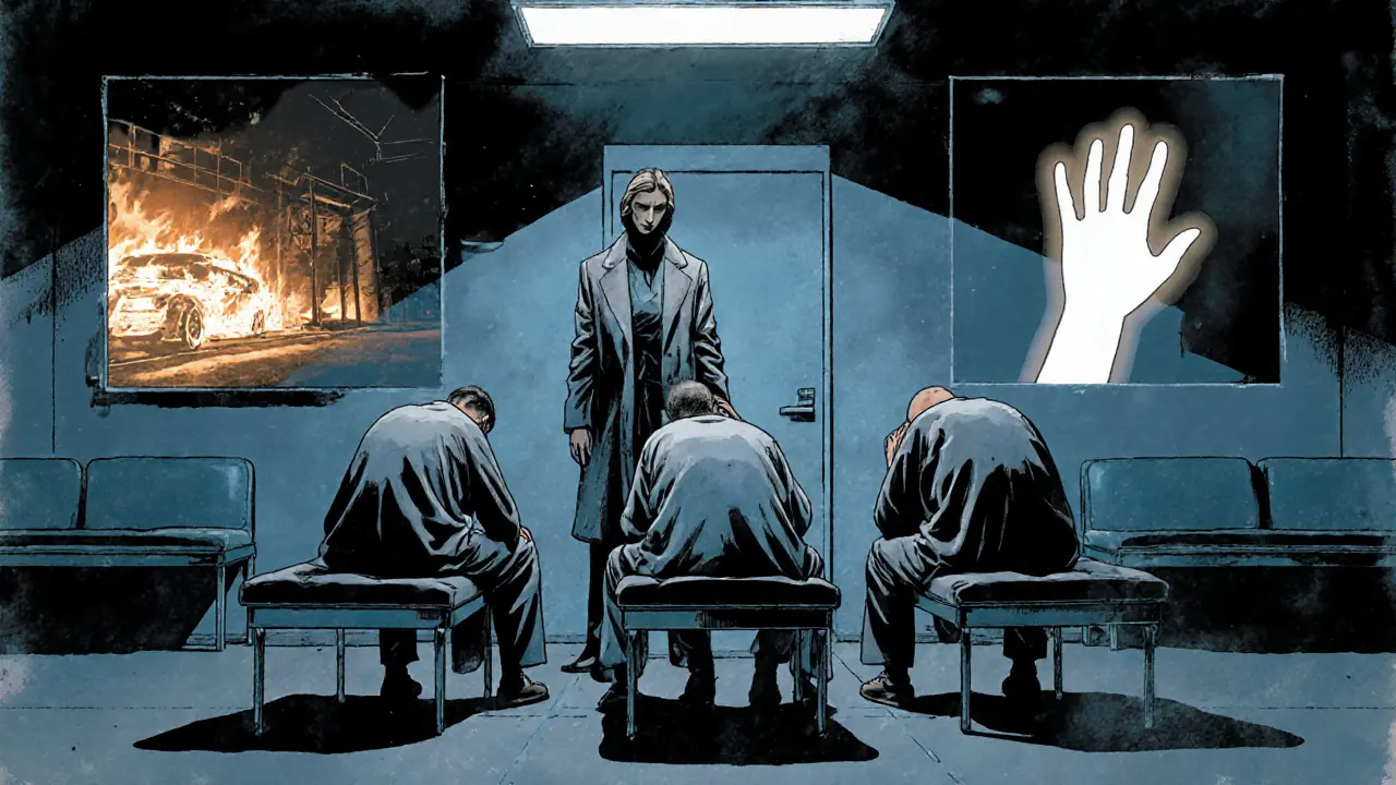 Tři pacienti v nemocnici s duševními stíny traumatu, terapeut je podporuje.