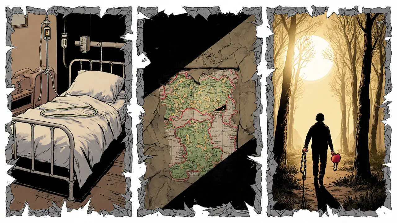 Tři scény léčby: nemocniční postel, mapa traumatu a osoba jdoucí k východu slunce s jablkem, symbolizující fáze zotavení.