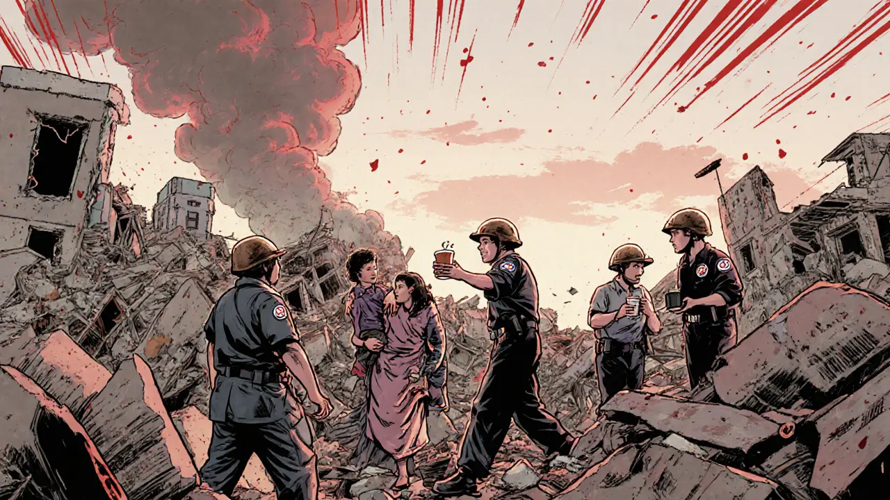 Tým pomáhá přeživším po katastrofě v ranním světle, jedna žena drží dítě, druhá podává kávu.