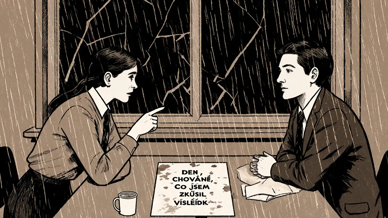 Učitel a školní psycholog se scházejí u kávy, sledují jednoduchou tabulku chování.