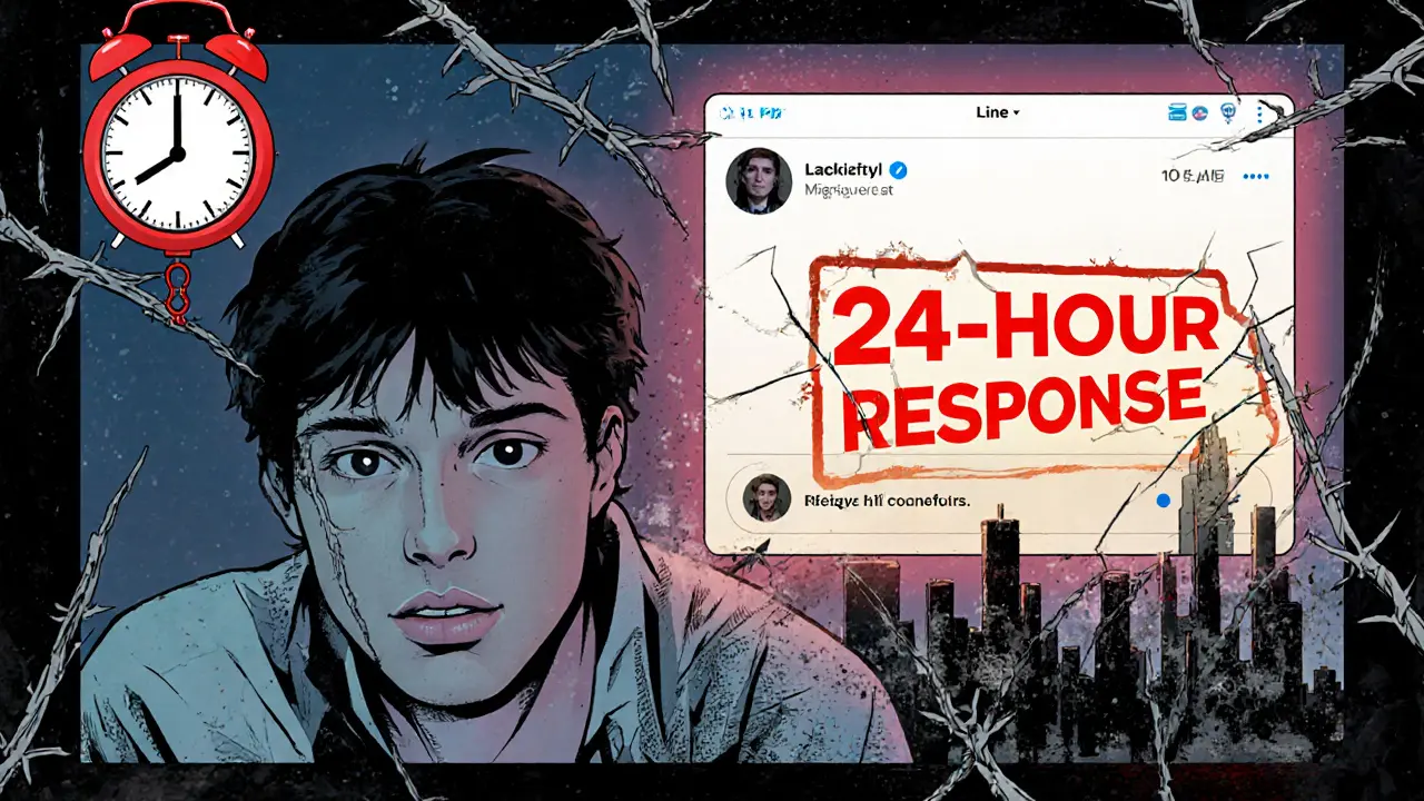 Videohovor s nápadným časovým rozdílem mezi odesláním zprávy a odpovědí, s časem a poškozeným internetem jako symboly zanedbání.