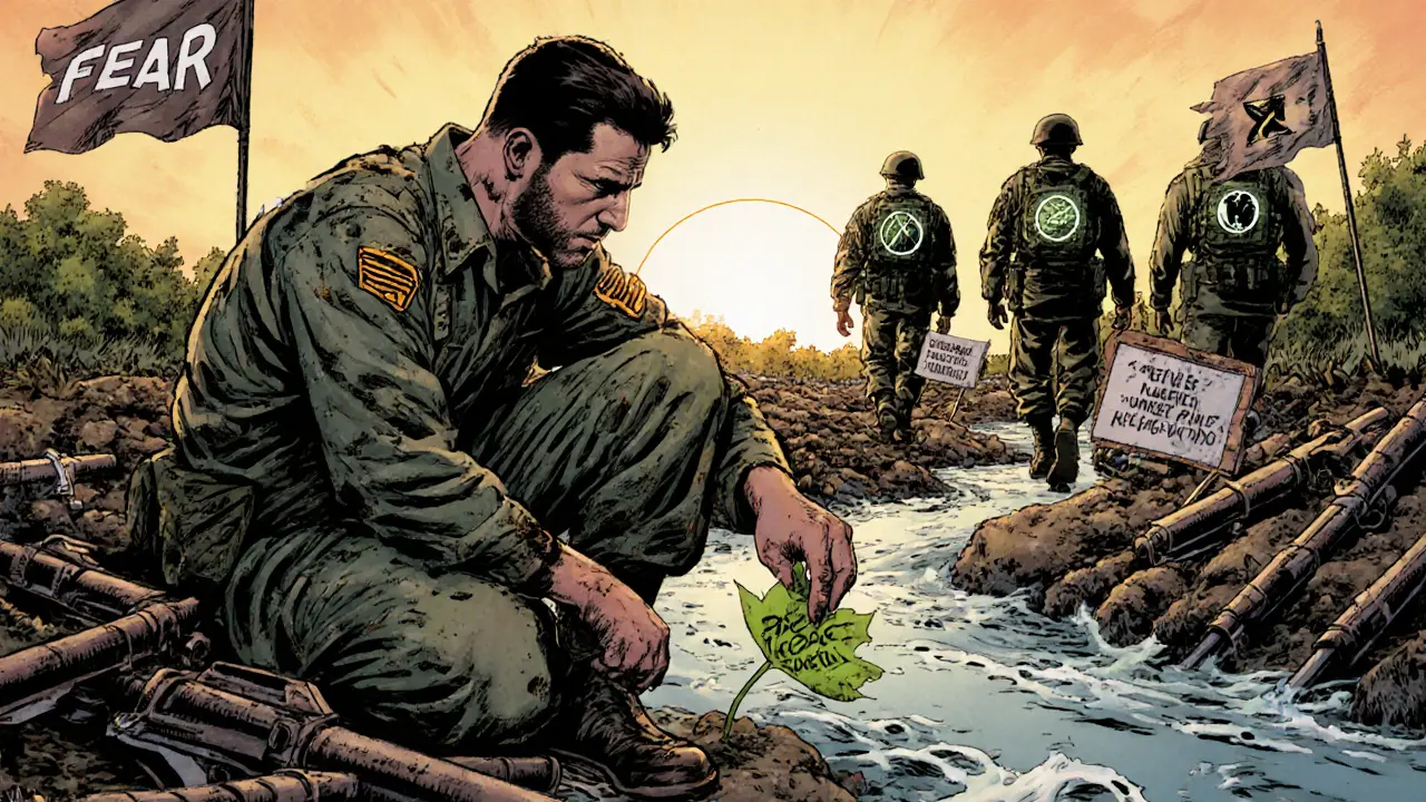 Voák sedí na bojišti s rozbitými zbraněmi, puští list s myšlenkou do řeky, zatímco ostatní jdou vpřed.