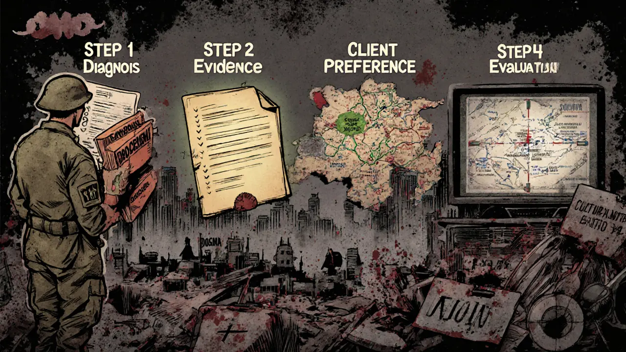 Vojenská mapa čtyř kroků klinického rozhodování v psychoterapii s vědeckými důkazy a kulturními cestami.