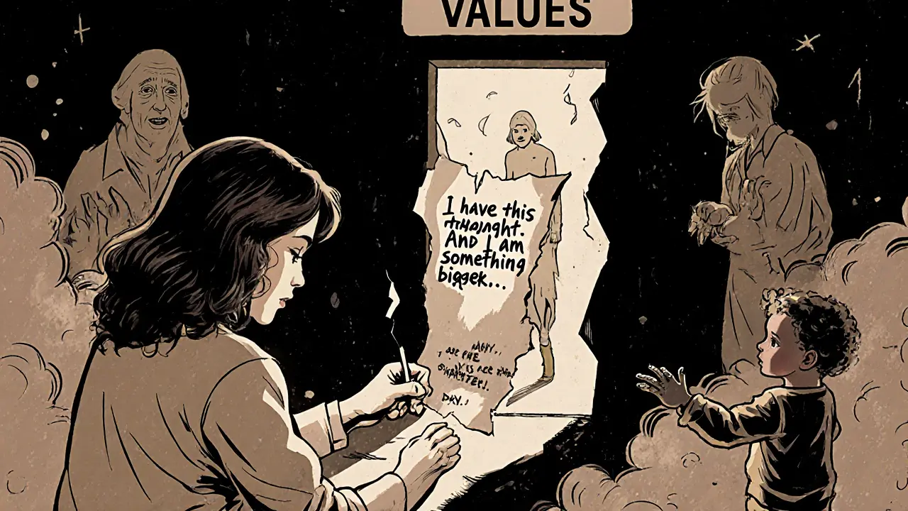 Žena píše na papíře, že je něco většího než myšlenky, zatímco strachy se mění v kouř.