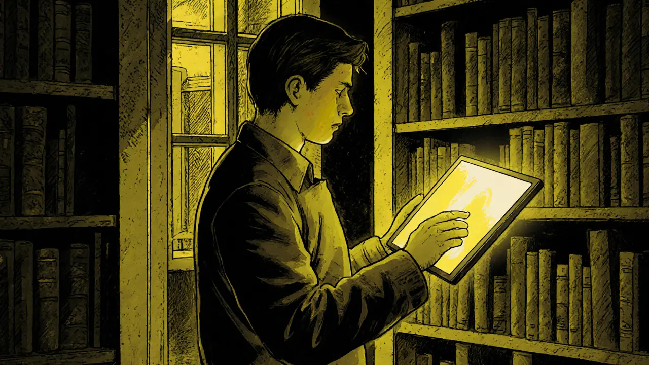 Žena v knihovně připojena k online terapii, osvětlena měkkým světlem, kolem ní knihy a klidné prostředí.