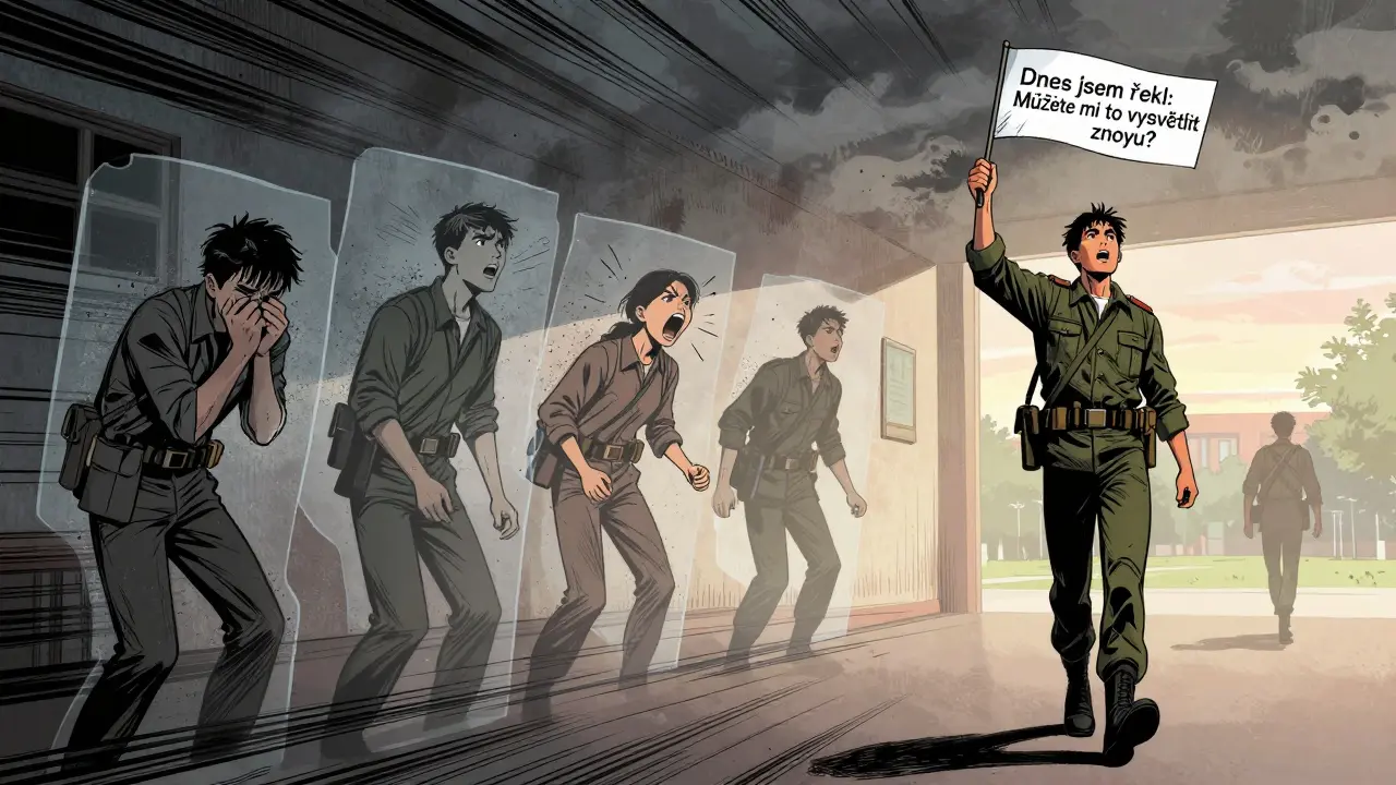 Člověk jde po chodbě univerzity, za ním se objevují minulé verze sebe sama s emoce.