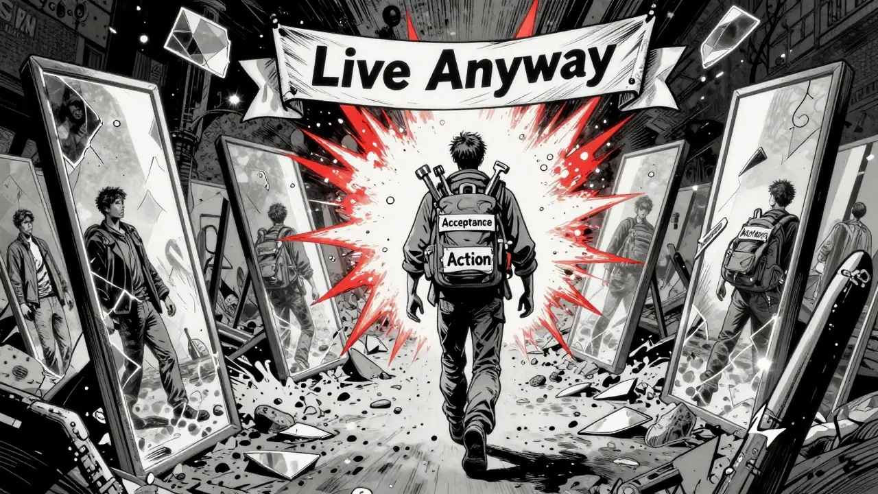 Člověk kráčí přes pole zrcadel s strachy, nesouc nářadí přijetí a akce, bez účinku chaosu kolem.