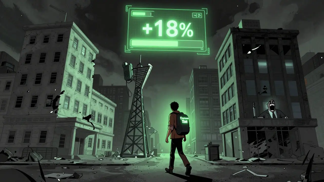 Člověk mění strachy zobrazené jako budovy na stabilní struktury pomocí digitálního nástroje v krokové expozici.