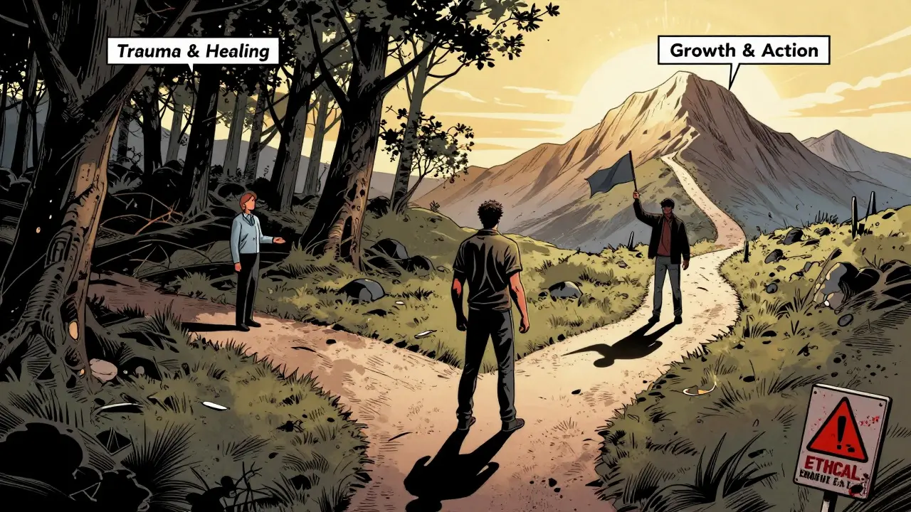 Člověk na křižovatce: jedna cesta k léčbě traumatu, druhá k růstu — stín se dělí na dva.