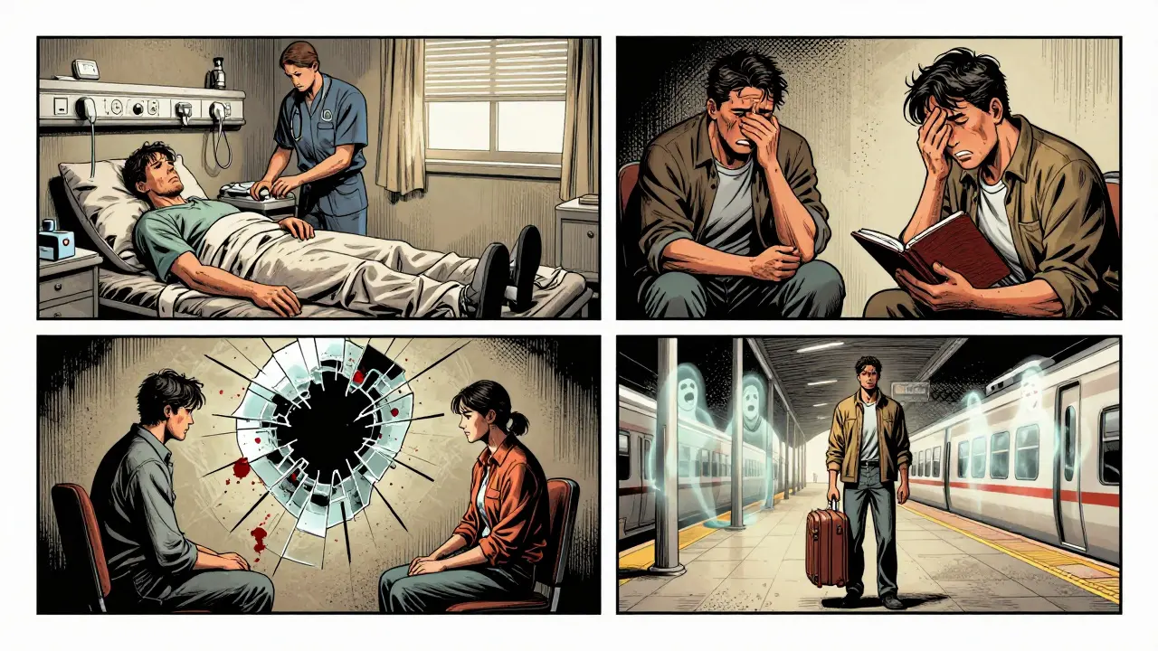 Čtyři panely znázorňují fáze léčby závislosti od detoxikace po návrat.