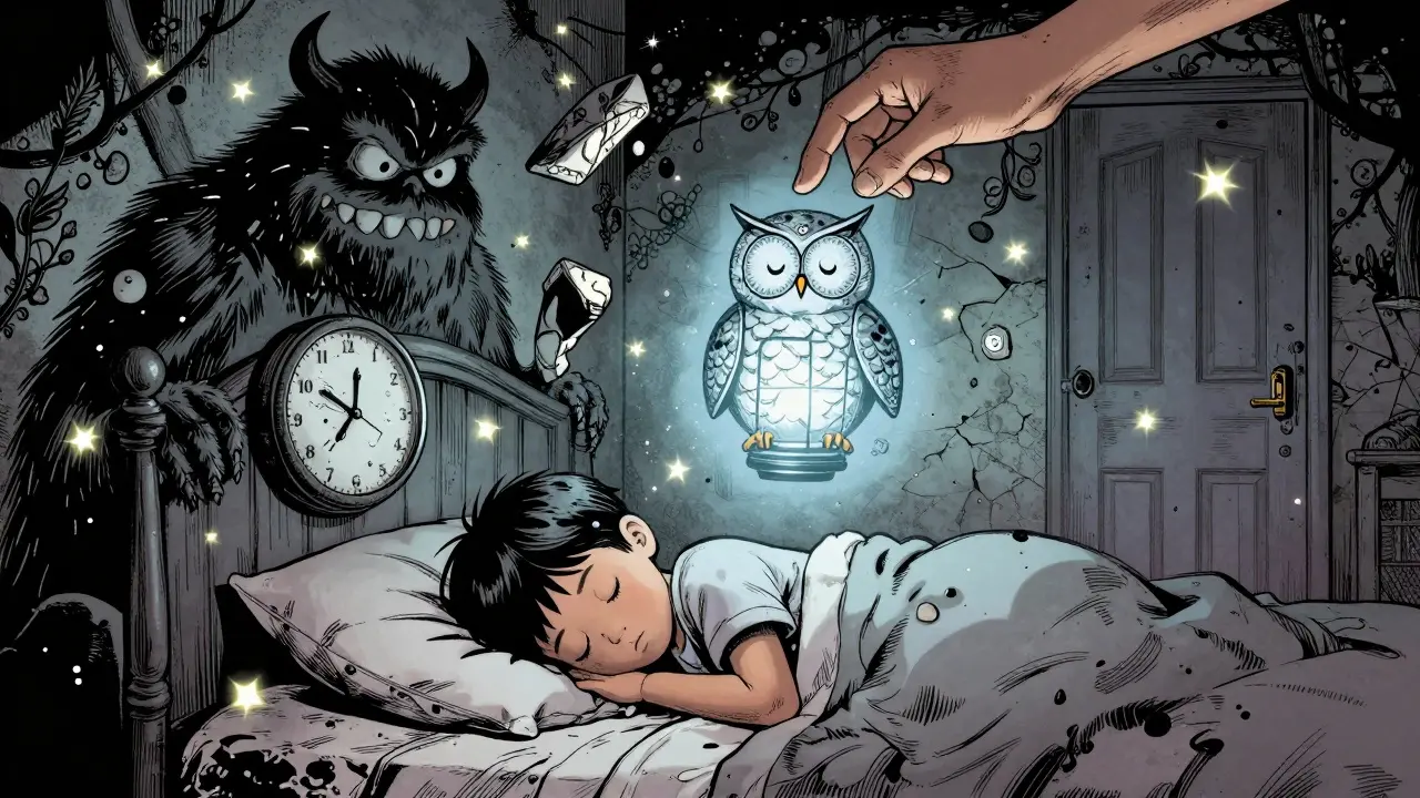 Dítě spí, jeho sny se mění z hrozeb na ochrannou lampařičku, kterou drží sova, jemné světlo rozptýlí strach.