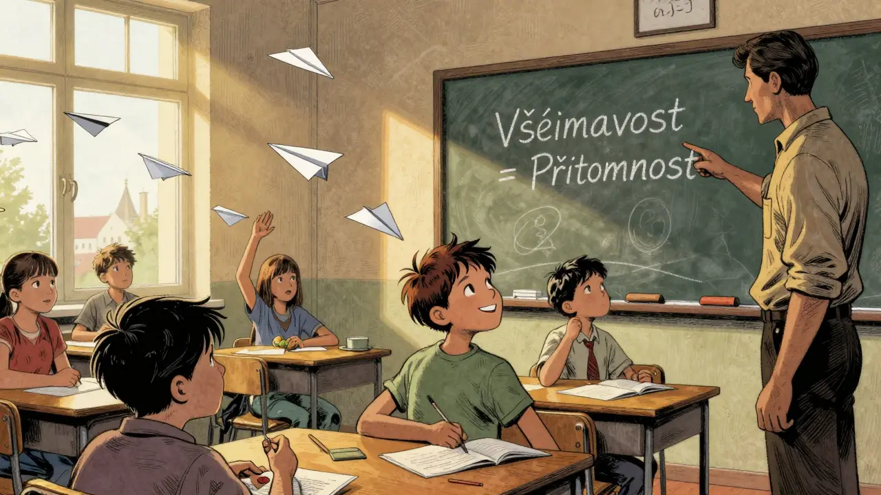 Dítě ve třídě přeměňuje starosti na letící papírové letadla, učitelka ukazuje na tabuli s větou o všímavosti, ostatní děti cvičí v běžných činnostech.