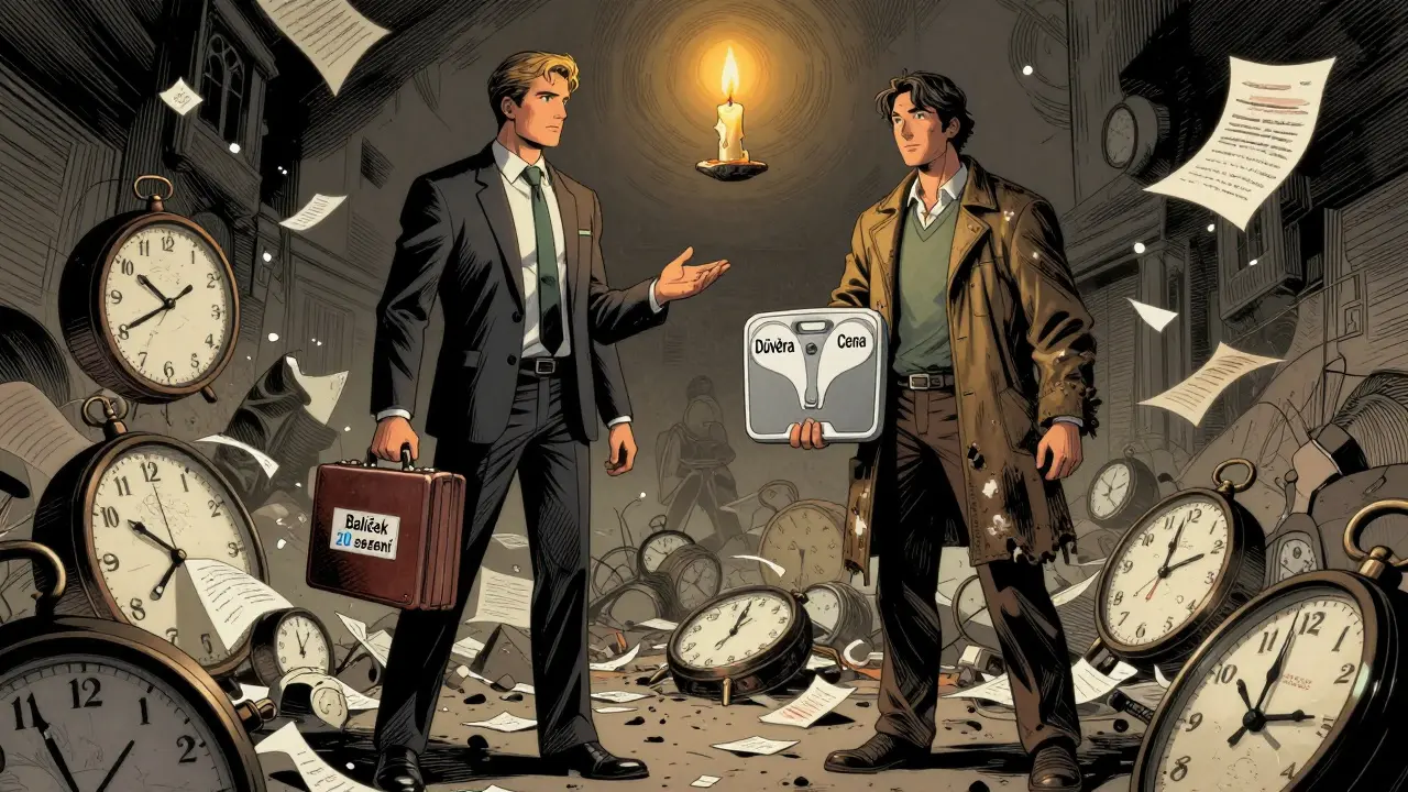 Dva terapeuti stojí v boji: jeden s balíčkem, druhý s váhou důvěry a ceny, nad nimi pláme svíčka.