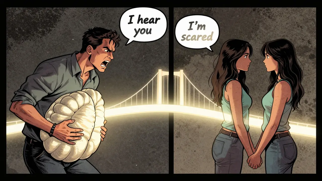 Dvojice se přeměňuje od konfliktu k spojení, mezi nimi vzniká světelný most.