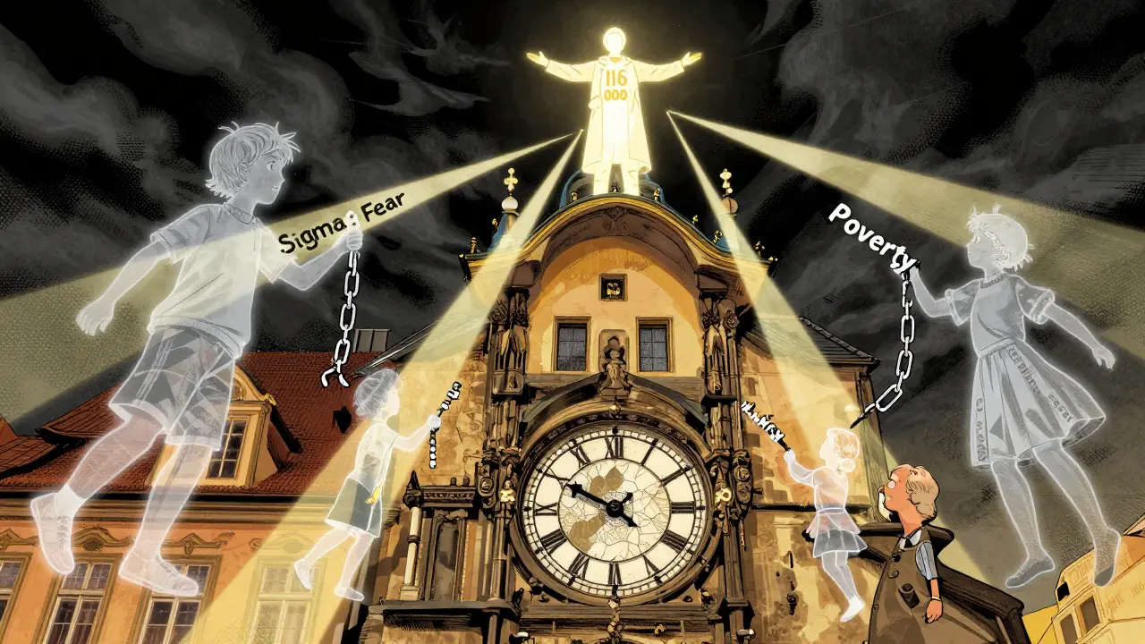 Hodiny v Praze s zamrzlými ručičkami, lidé drží kousky řetězů, světlo z čísla 116 000 je spojuje.