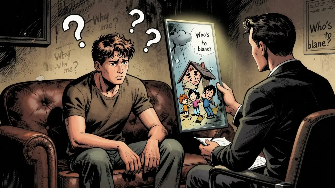 Klient hledí do zrcadla, kde se odrazují jeho vnitřní konflikty.