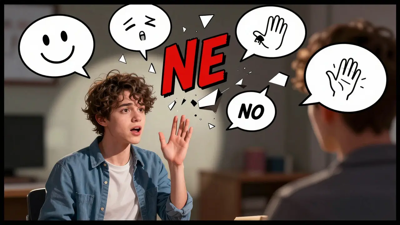 Klient s autismem procvičuje říkání 'ne' při zmatených sociálních signálech.