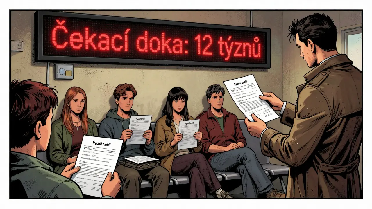 Lidé čekají v místnosti s velkou tabulí, která ukazuje 12týdenní čekací dobu, psychiatr podává tajný seznam.