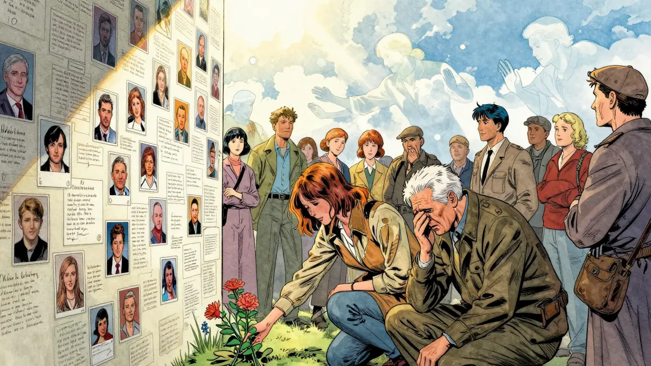 Lidé se shromažďují u památníku v Praze, kladou květiny, duše minulosti se dotýkají světla.