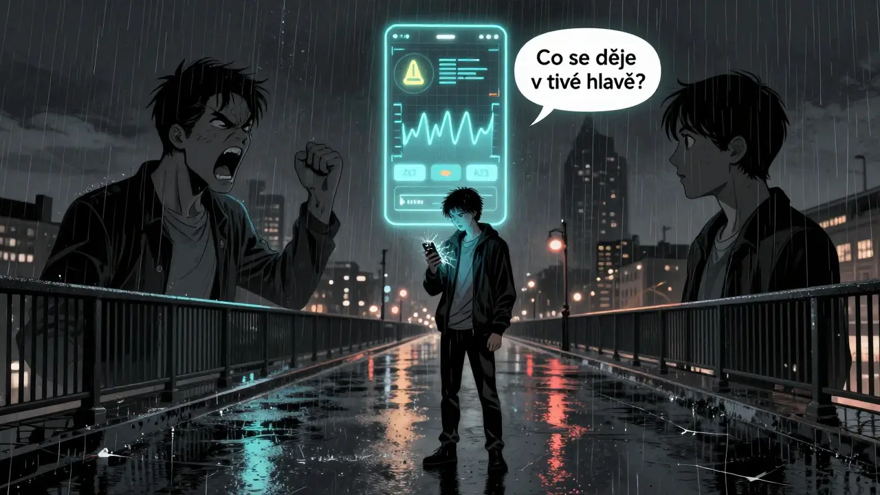 Mladý člověk na mostě s rozbitým telefonem a dvojí stínem, nad ním digitální aplikace.