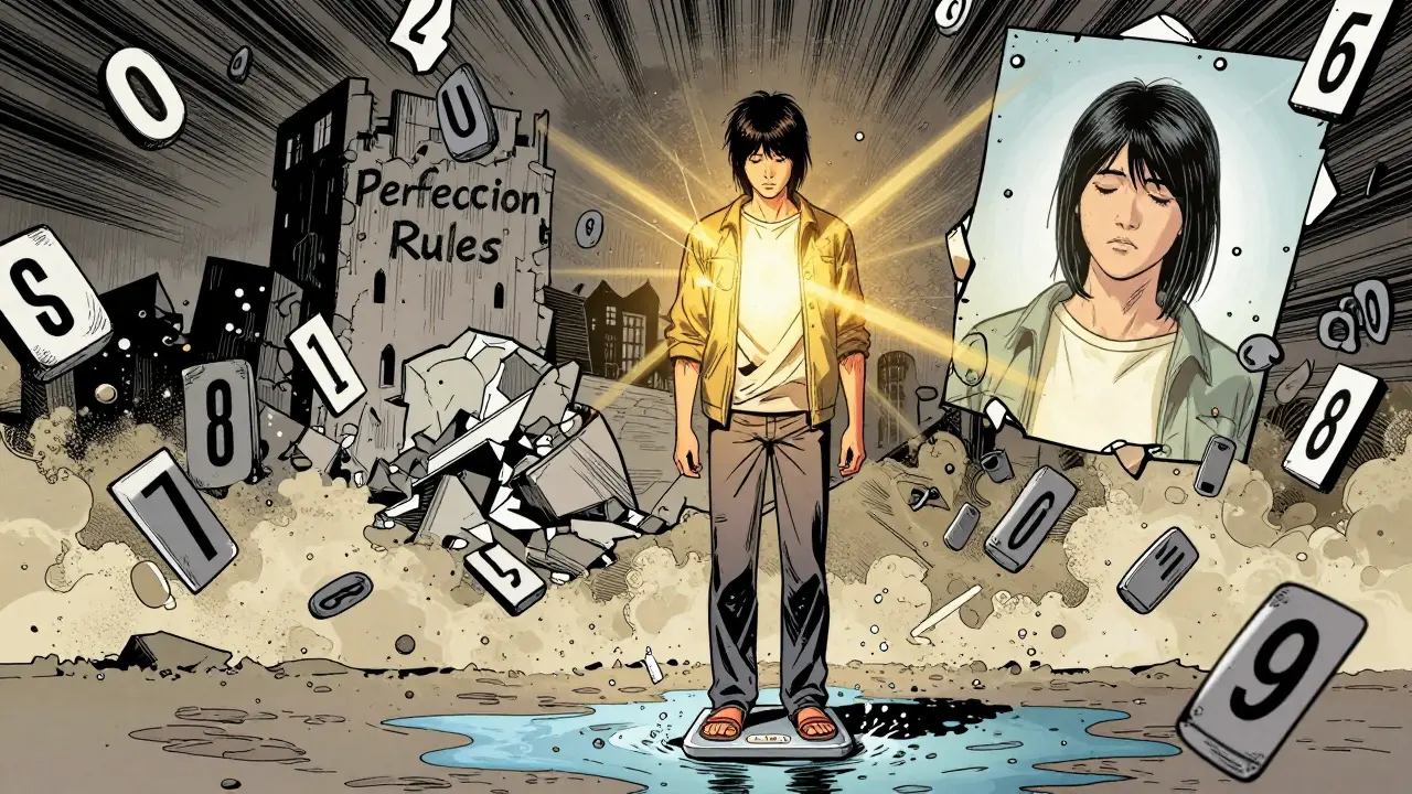 MLadý člověk v bouři čísel, když vypouští váhu a objevuje svou vlastní hodnotu.