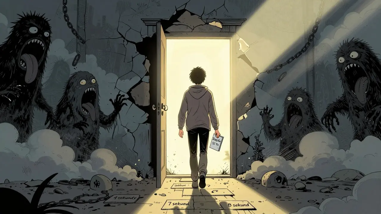 Muž kročí ven z domu, strach za ním kolapsuje, cesta vede k malým krokům léčby.