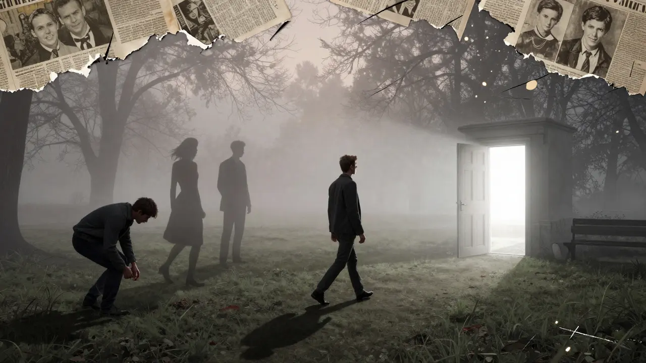 Muž v brněnském parku, jeho stín se dělí na tři verze sebe, za ním zmizí dřívější vztahy.