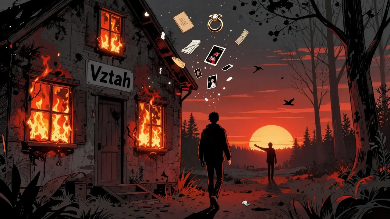 Osoba odchází od hořícího domu vztahu, zatímco světlo nového dne osvětluje cestu k volnosti.