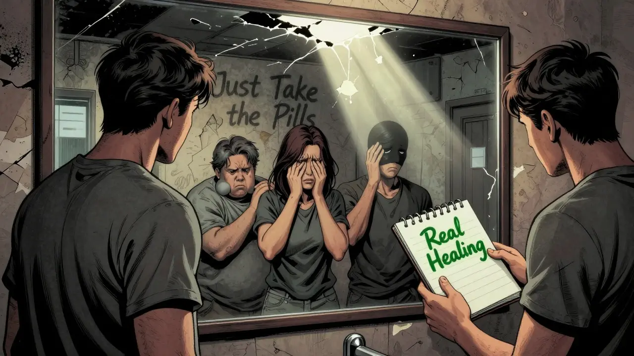 Pacient hledí do zrcadla, kde jeho odraz je rozdělen na čtyři verze, za ním zdi s nápisy 'Pijte léky'.