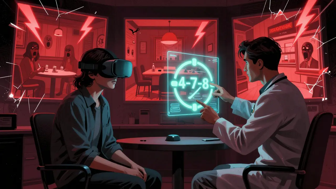 Pacient v VR headsetu s holografickými sociálními situacemi a terapeut ukazující dechovou techniku.