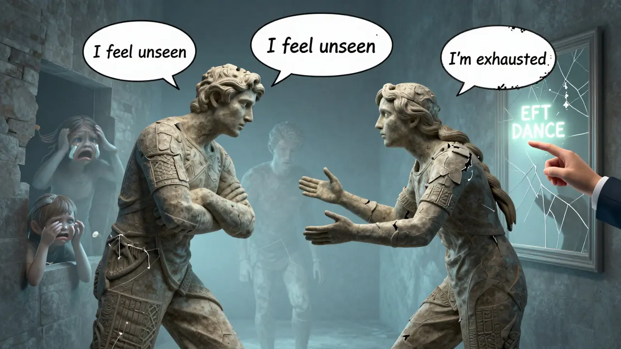 Pár je zastaven v konfliktu, jejich těla jsou sochy, kolem nich se objevují dětské části duše a texty pocitů.