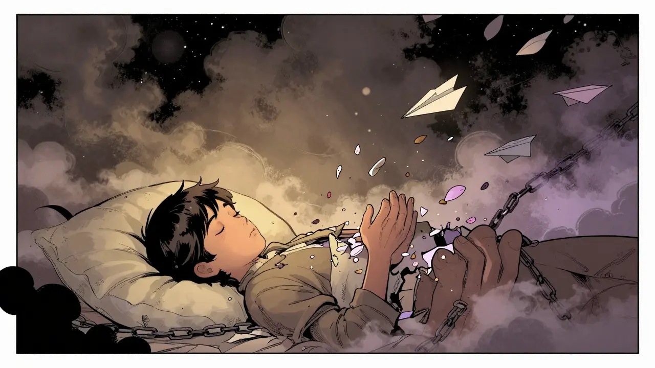 Pokojný sen: temné mraky se rozevírají, řetězy se mění v květiny, ruka dítěte drží ruku dospělého.