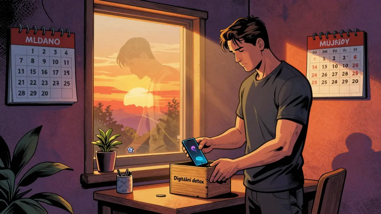 Pracovník ukládá telefon do krabice s nápisem 'Digitální detox' ve večerním světle.