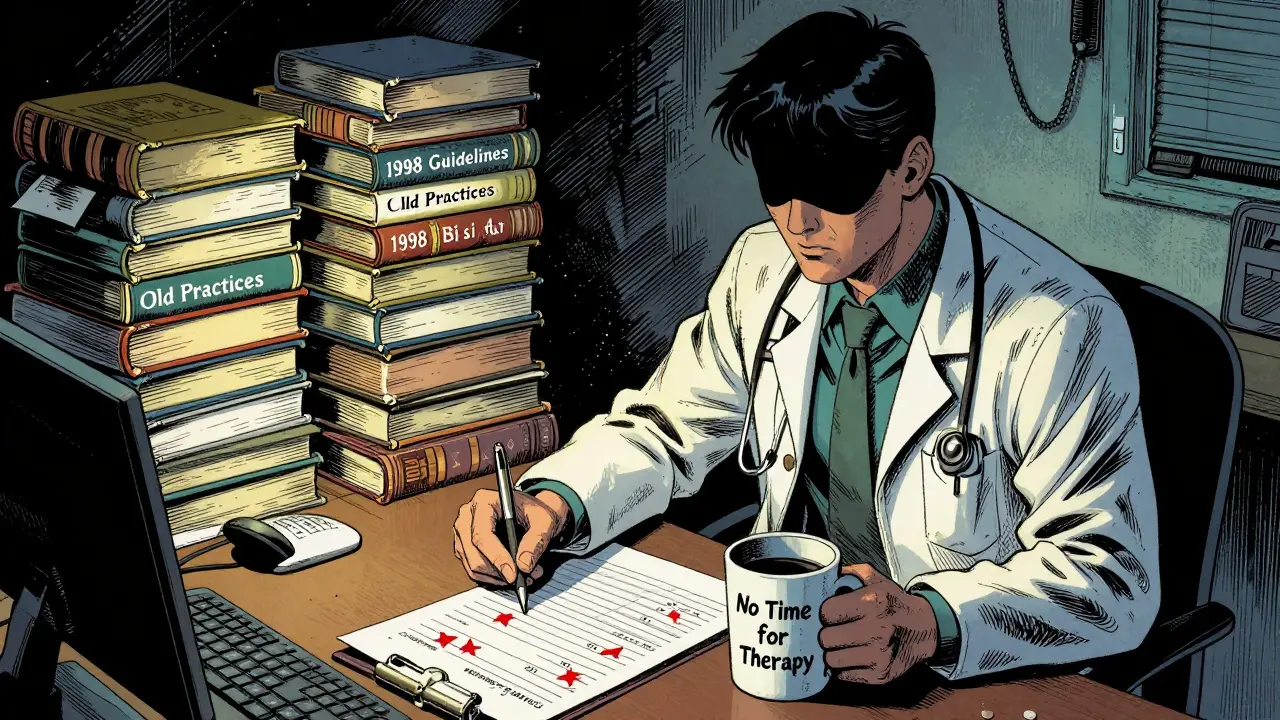 Psychiatr okolo sebe má hromady starých učebnic, předepisuje pět léků při osvětlení z jedné žárovky.