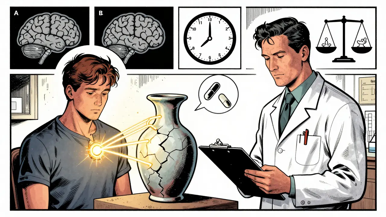 Psycholog ukazuje pacientovi, jak se jeho mozek mění během mindfulness, s vědeckými symboly a zlatými vlákny opravujícími rozbitou vázu.