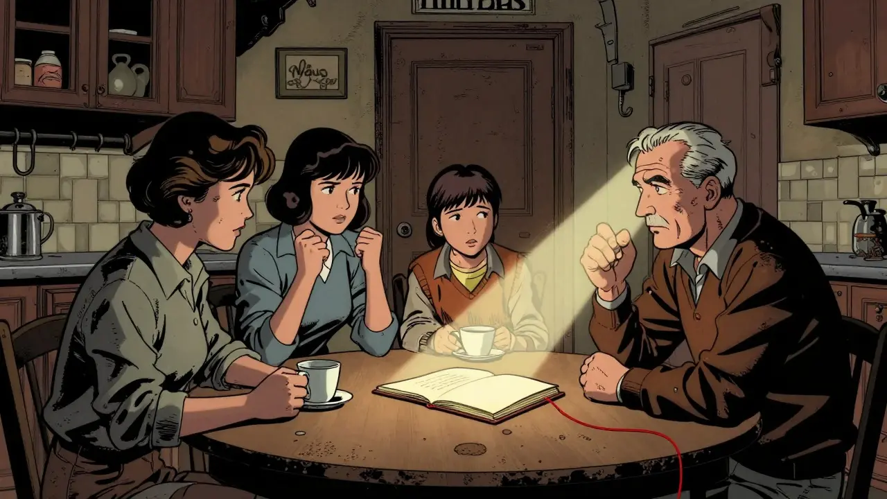 Rodina sedí v kuchyni, ticho, skrytá kniha na stole, jediné světlo padá na prázdnou stránku.
